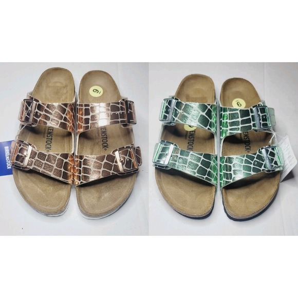 Birkenstock Sandals Size 40 Metallic Arizona Gator Gleam Green Copper Lot 2 NWT‎ - Picture 1 of 13